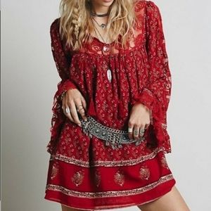 Free People Nomad Child Long Bell Sleeve Tunic Dress Pockets Lace Maroon